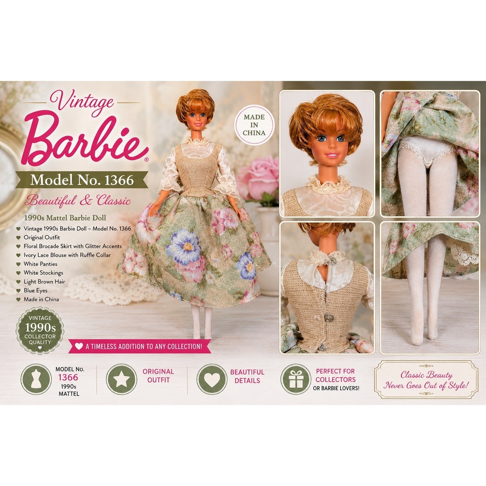 Vintage 1990s Mattel Barbie Doll Model No. 1366 Floral Brocade Skirt Lace Blouse